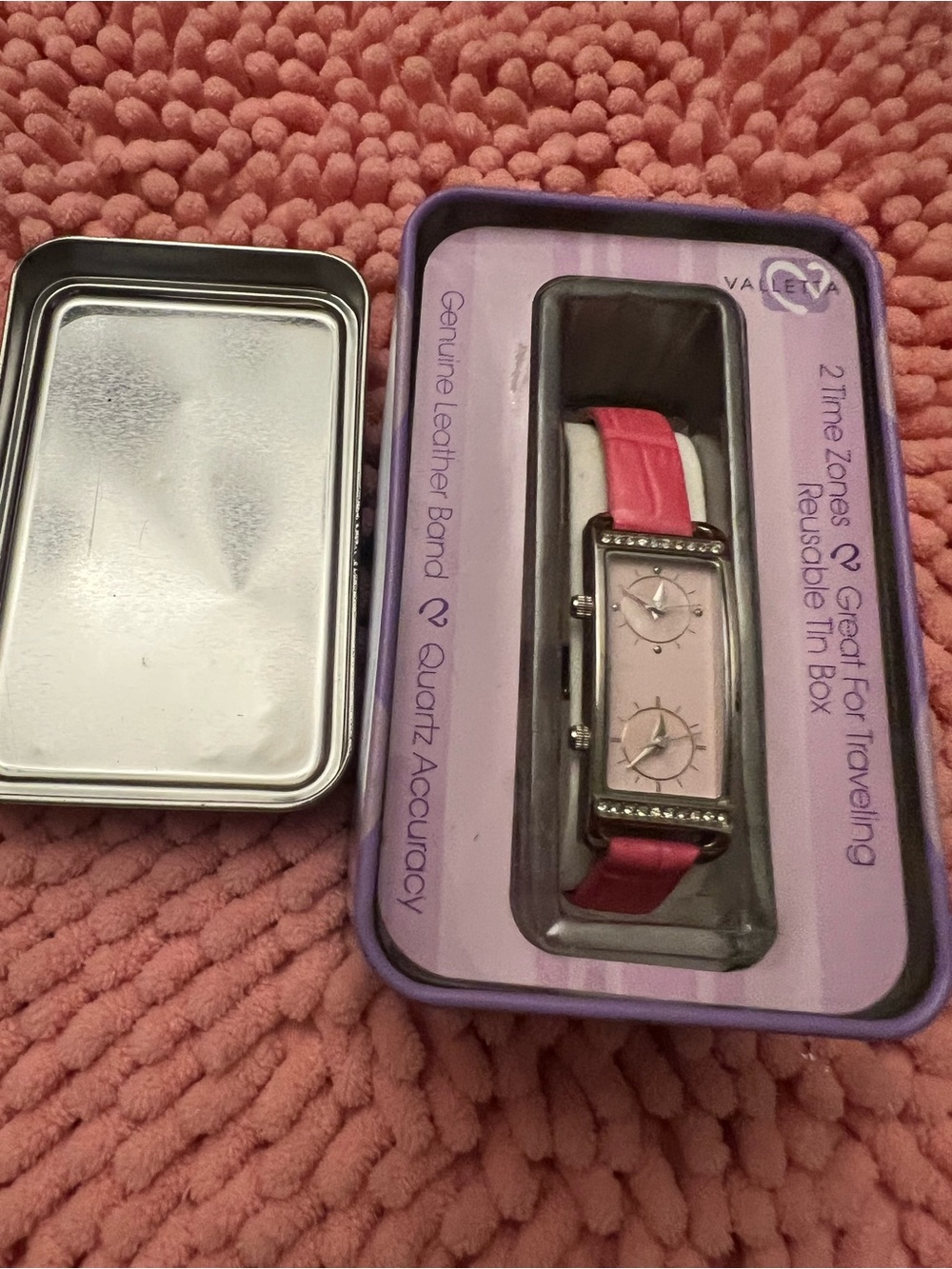 Pink Dual Time Leather Strap Watch